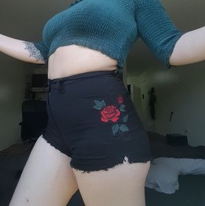 Fashion Nova Rose Embroidered Black Denim Shorts